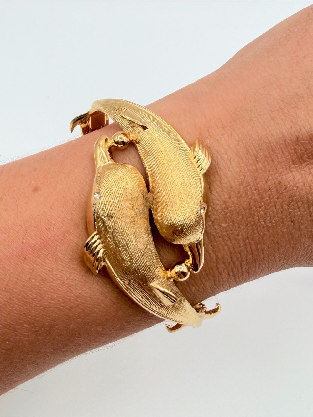 Vintage Gold Tone Dolphin Cuff Bracelet Rhinestone Eyes